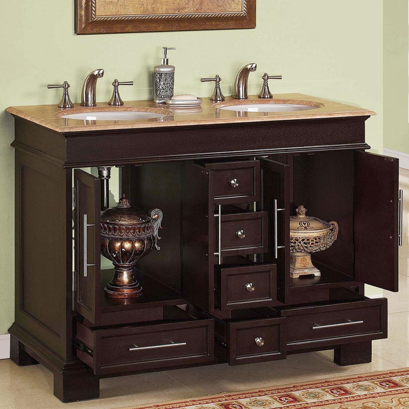 Silkroad Exclusive HYP-0224-T-UWC-48 48" Dark Walnut double vanity, doors and drawers open showing storage