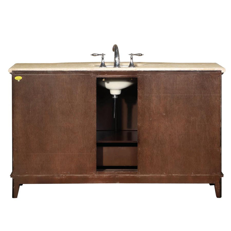 Silkroad Exclusive HYP-0237-T-UWC-60 60" Dark Walnut single sink vanity, back view showing the open plumbing cut-out