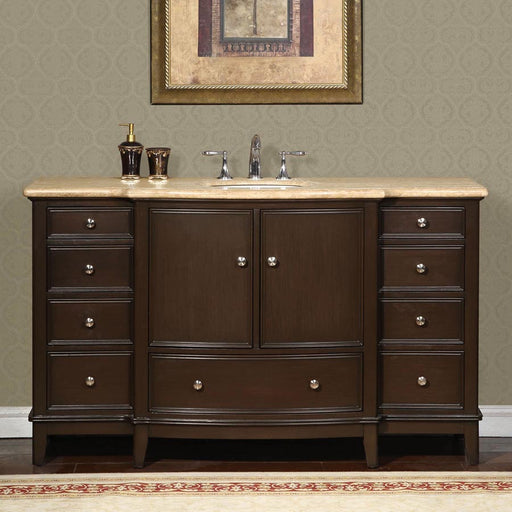 Silkroad Exclusive HYP-0237-T-UWC-60 60" Dark Walnut single sink vanity, front view in a bathroom