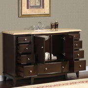 Silkroad Exclusive HYP-0237-T-UWC-60 60" Dark Walnut single sink vanity, with doors and drawers open showing storage