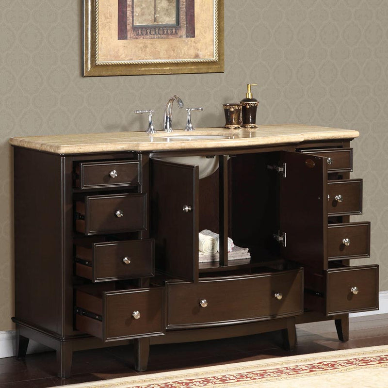 Silkroad Exclusive HYP-0237-T-UWC-60 60" Dark Walnut single sink vanity, with doors and drawers open showing storage
