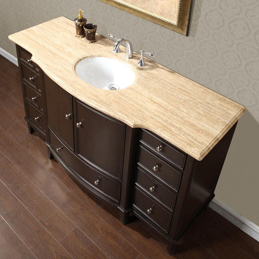 Silkroad Exclusive HYP-0237-T-UWC-60 60" Dark Walnut single sink vanity, three-quarter view in a bathroom