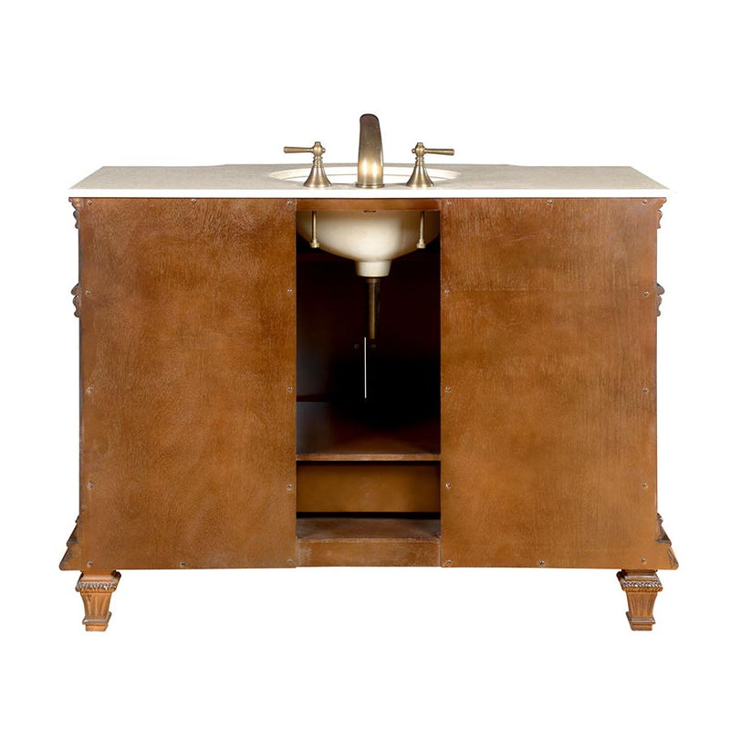 Silkroad Exclusive HYP-0277-CM-UWC-48 back view on white showing the plumbing cutout and turned feet
