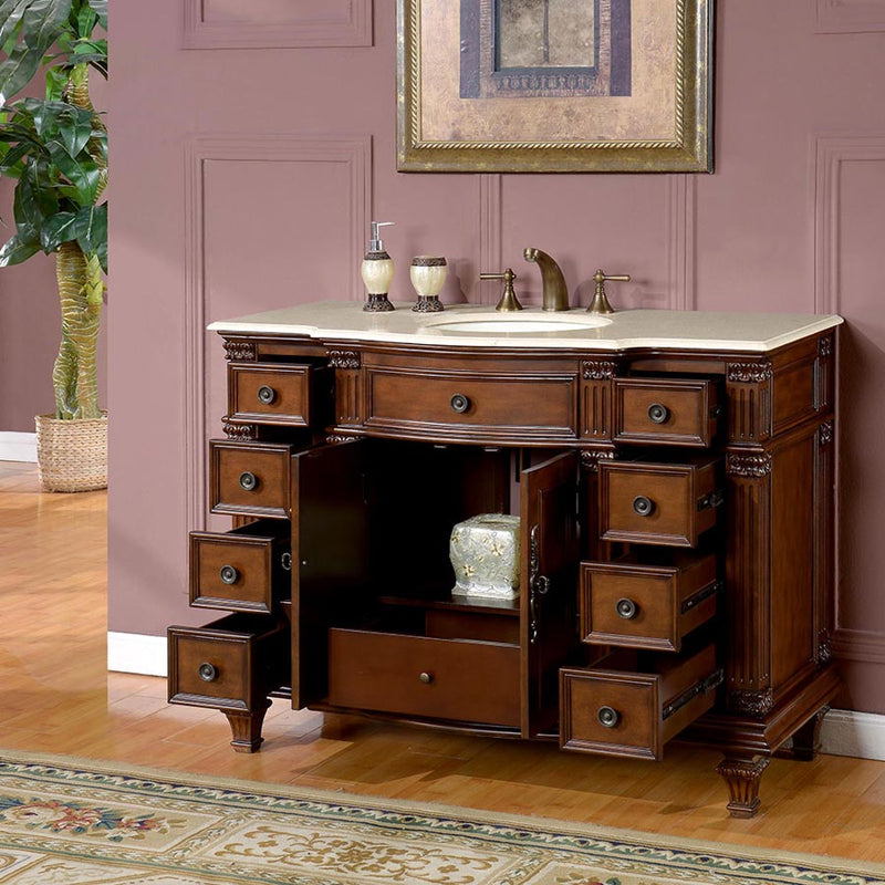 Silkroad Exclusive HYP-0277-CM-UWC-48 doors and drawers open showing the center cabinet and side drawers