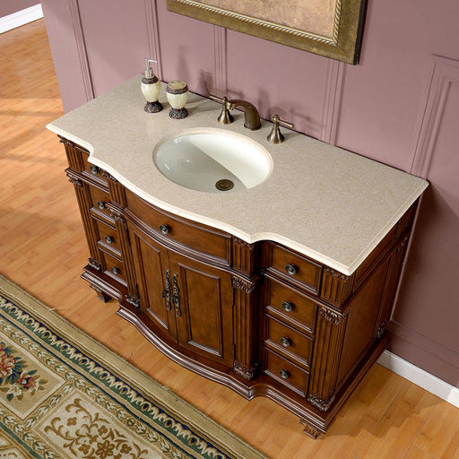 Silkroad Exclusive HYP-0277-CM-UWC-48 high three-quarter view of the serpentine Crema Marfil top and white oval sink