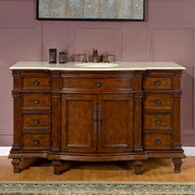Silkroad Exclusive HYP-0277-CM-UWC-60 60" Brazilian Rosewood vanity with Crema Marfil top, front view in a bathroom