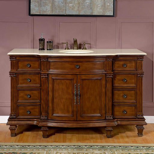 Silkroad Exclusive HYP-0277-CM-UWC-60 60" Brazilian Rosewood vanity with Crema Marfil top, front view in a bathroom