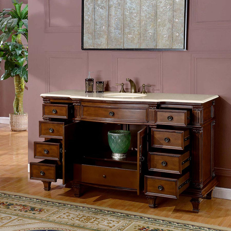Silkroad Exclusive HYP-0277-CM-UWC-60 doors and drawers open showing the center cabinet and side drawers