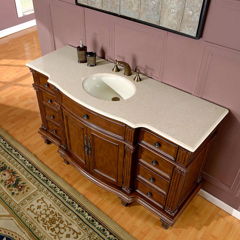 Silkroad Exclusive HYP-0277-CM-UWC-60 high three-quarter view of the serpentine Crema Marfil top and white oval sink