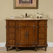 Silkroad Exclusive HYP-0277-T-UWC-48 48" Brazilian Rosewood single sink vanity with Travertine top, front view in a bathroom