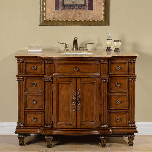 Silkroad Exclusive HYP-0277-T-UWC-48 48" Brazilian Rosewood single sink vanity with Travertine top, front view in a bathroom