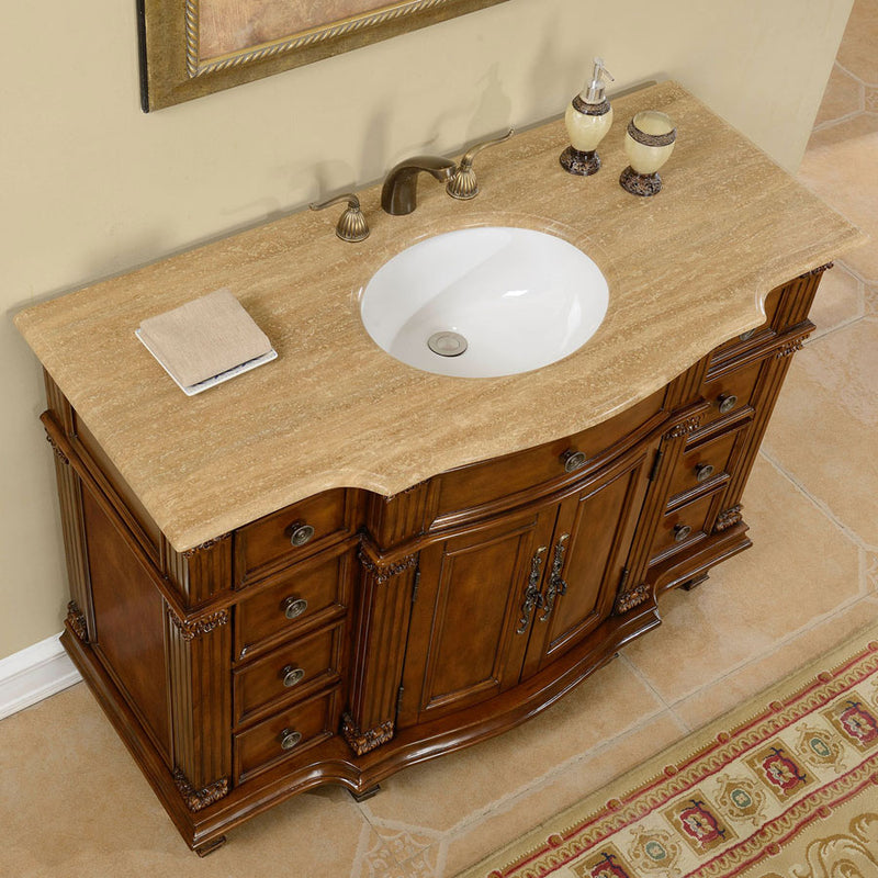 Silkroad Exclusive HYP-0277-T-UWC-48 high angle of the serpentine Travertine top and white oval sink