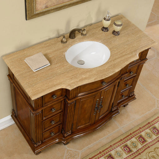 Silkroad Exclusive HYP-0277-T-UWC-48 high angle of the serpentine Travertine top and white oval sink