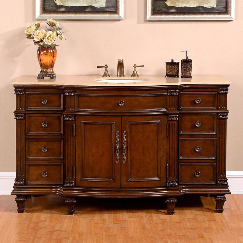 Silkroad Exclusive HYP-0277-T-UWC-60 60" Brazilian Rosewood single sink vanity with Travertine top, front view in a bathroom