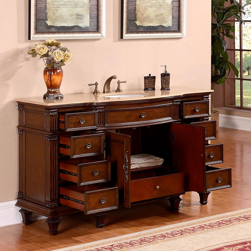 Silkroad Exclusive HYP-0277-T-UWC-60 doors and drawers open showing the center cabinet and side drawers