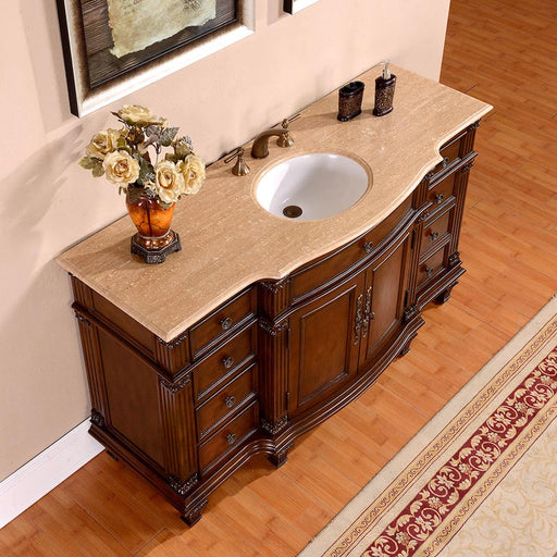 Silkroad Exclusive HYP-0277-T-UWC-60 high three-quarter view of the serpentine Travertine top and white oval sink