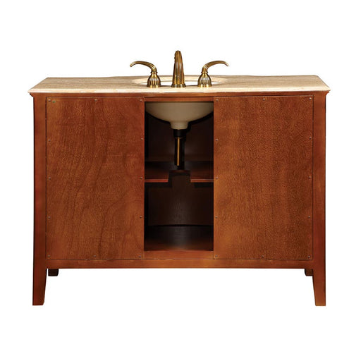 Silkroad Exclusive HYP-0701-T-UIC-48 48" Red Oak single sink vanity, travertine top, back view showing the plumbing opening
