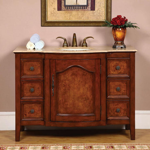 Silkroad Exclusive HYP-0701-T-UIC-48 48" Red Oak single sink vanity, travertine top, installed in a bathroom, front view