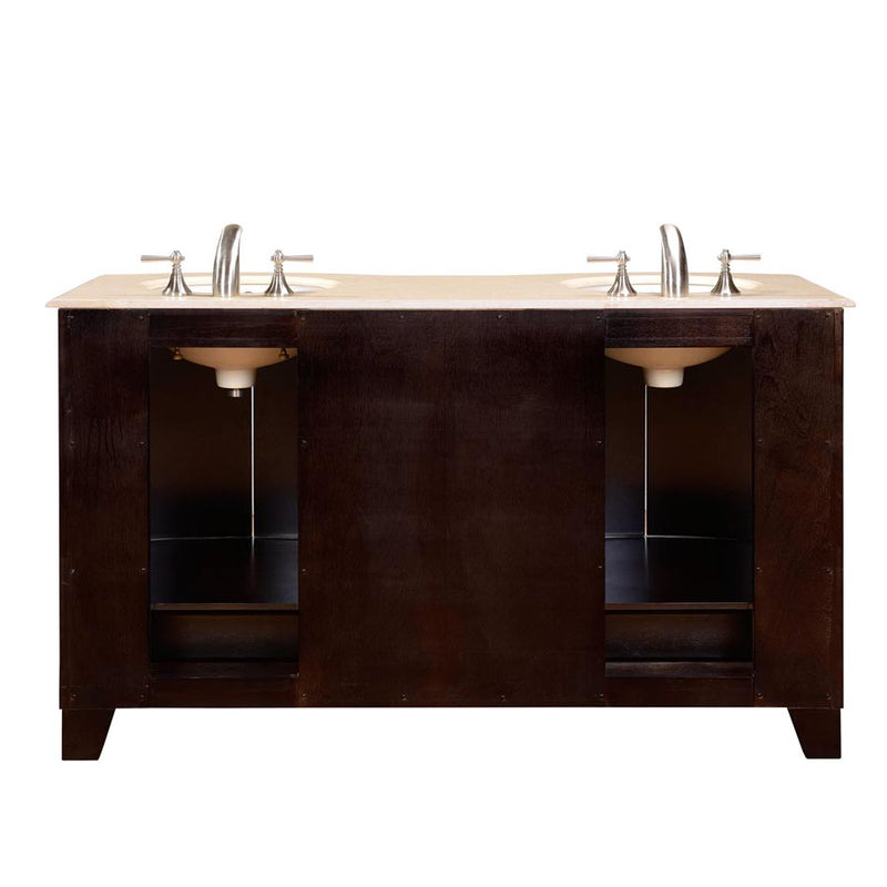 Silkroad Exclusive HYP-0703-CM-UWC-60 60" Dark Espresso double vanity, back view showing the plumbing opening
