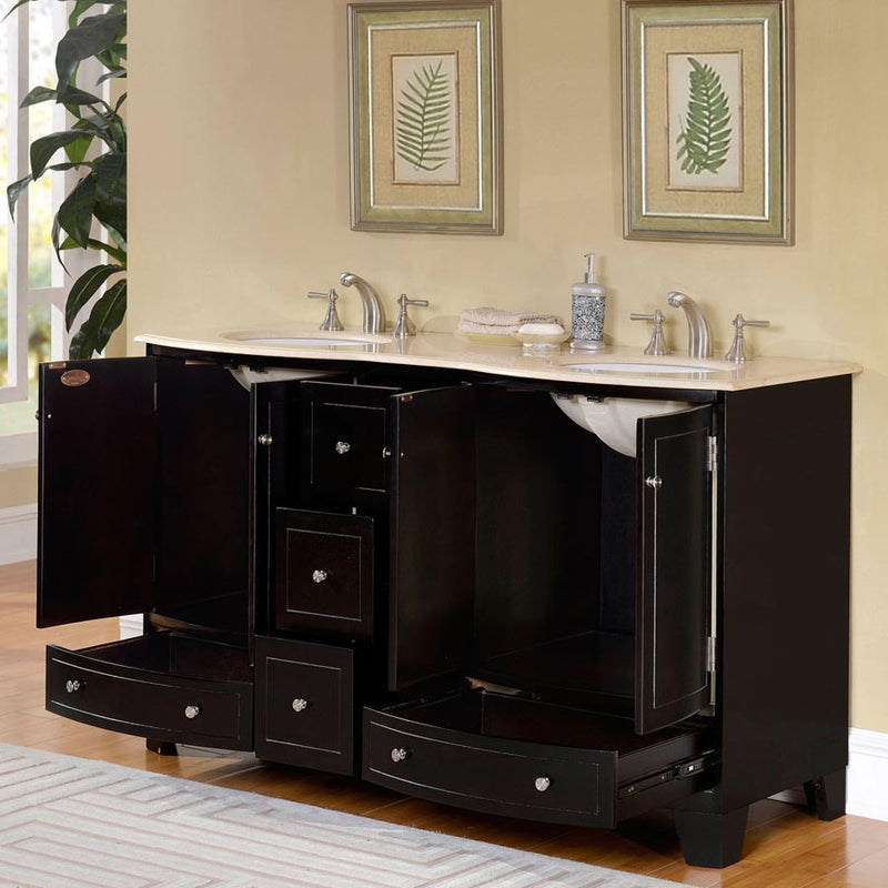 Silkroad Exclusive HYP-0703-CM-UWC-60 60" Dark Espresso double vanity, doors and drawers open showing storage