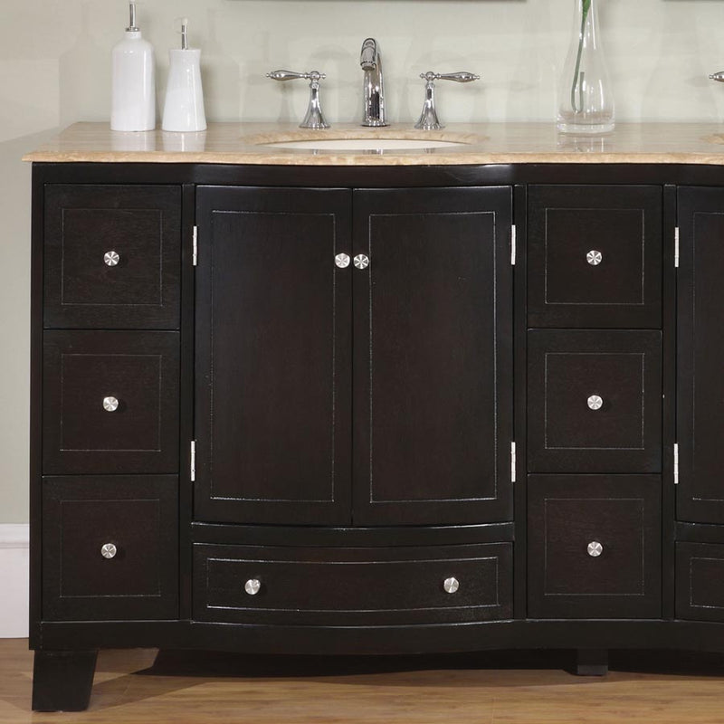 Silkroad Exclusive HYP-0703-T-UIC-72 72" Dark Espresso double vanity, close-up of the curved center doors and drawers