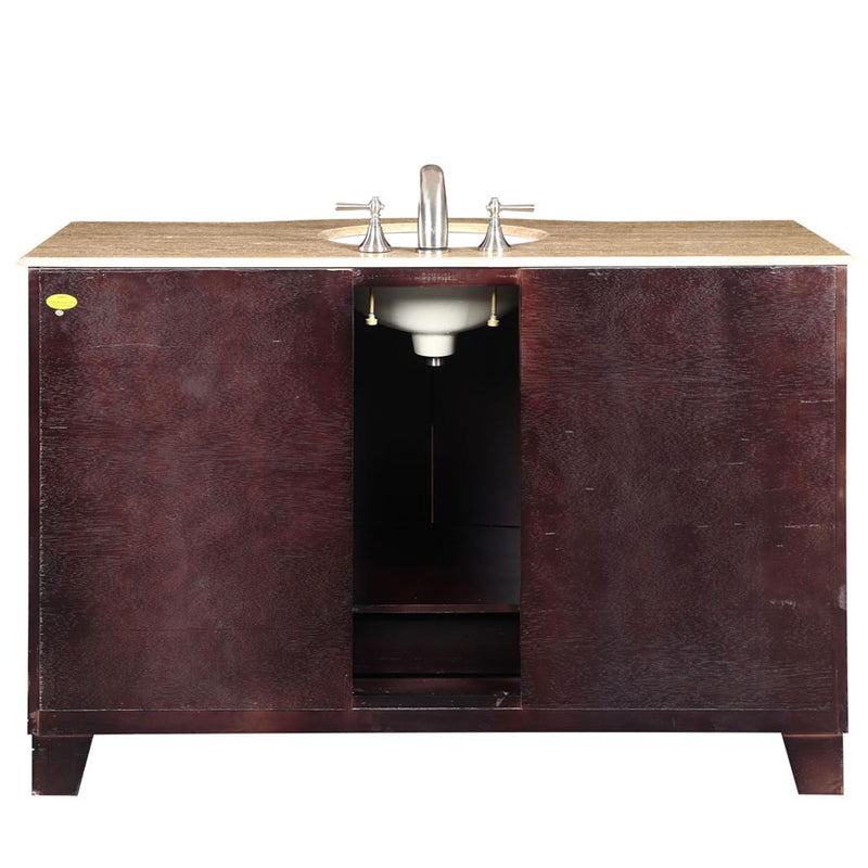 Silkroad Exclusive HYP-0703-T-UWC-55 55" Dark Espresso vanity, travertine, back view showing the plumbing opening