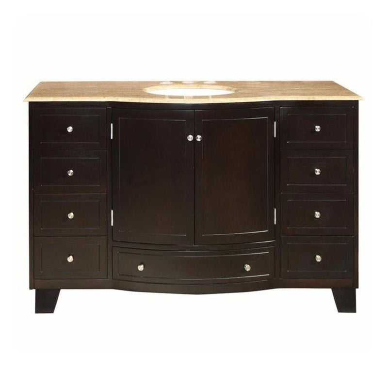 Silkroad Exclusive HYP-0703-T-UWC-55 55" Dark Espresso vanity, travertine, front view on white