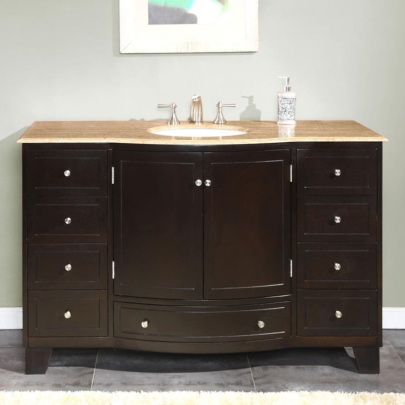 Silkroad Exclusive HYP-0703-T-UWC-55 55" Dark Espresso vanity, travertine, in a bathroom