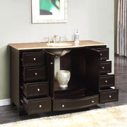Silkroad Exclusive HYP-0703-T-UWC-55 55" Dark Espresso vanity, travertine, doors and drawers open showing storage