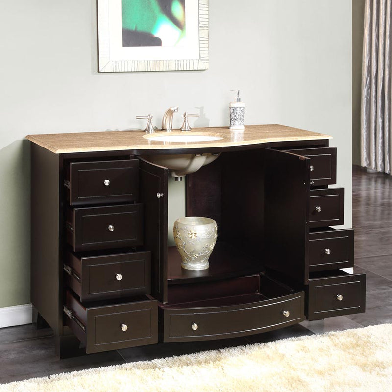 Silkroad Exclusive HYP-0703-T-UWC-55 55" Dark Espresso vanity, travertine, doors and drawers open showing storage