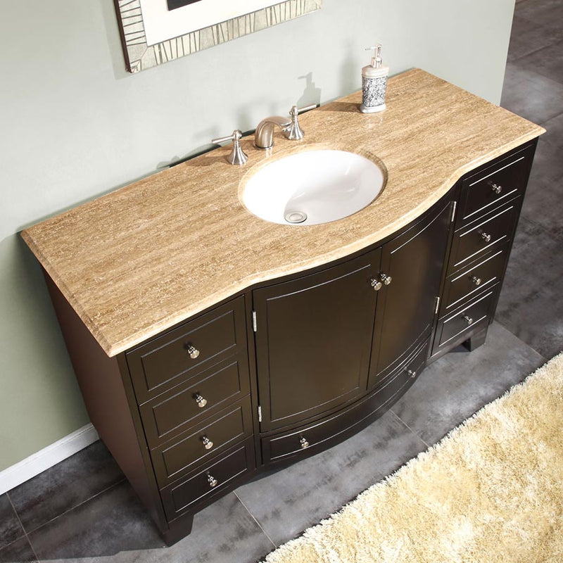 Silkroad Exclusive HYP-0703-T-UWC-55 55" Dark Espresso vanity, travertine, three-quarter view of the top and white sink