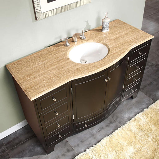 Silkroad Exclusive HYP-0703-T-UWC-55 55" Dark Espresso vanity, travertine, three-quarter view of the top and white sink