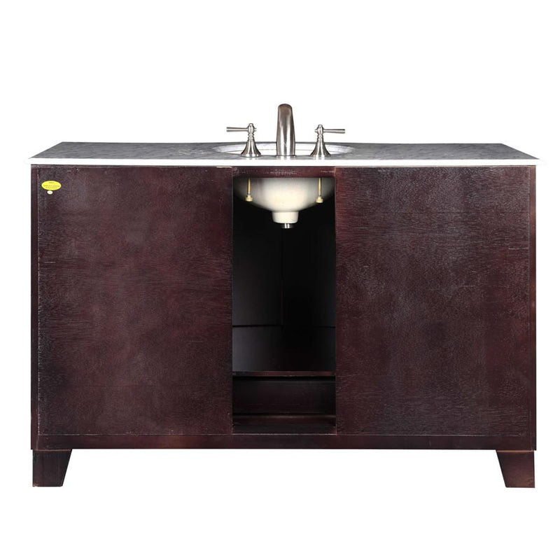 Silkroad Exclusive HYP-0703-WM-UWC-55 55" Dark Espresso vanity, Carrara, back view showing the plumbing opening