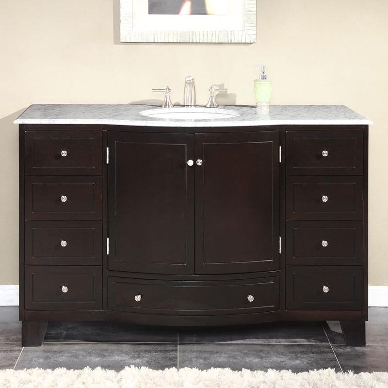 Silkroad Exclusive HYP-0703-WM-UWC-55 55" Dark Espresso vanity, Carrara, in a bathroom