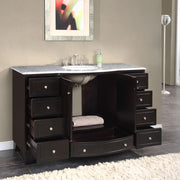 Silkroad Exclusive HYP-0703-WM-UWC-55 55" Dark Espresso vanity, Carrara, doors and drawers open showing storage