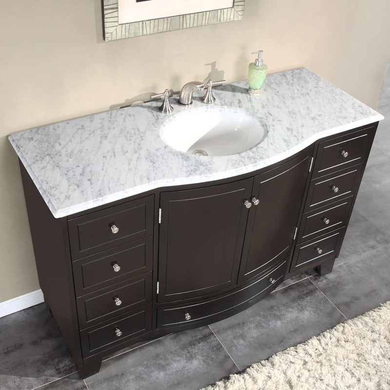 Silkroad Exclusive HYP-0703-WM-UWC-55 55" Dark Espresso vanity, Carrara, three-quarter view of the top and white sink