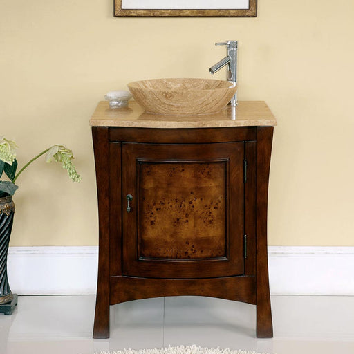 Silkroad Exclusive HYP-0714-T-TT-26 26" Red Chestnut vessel vanity, front view in a bathroom with travertine vessel