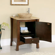 Silkroad Exclusive HYP-0714-T-TT-26 26" Red Chestnut vessel vanity, door and drawer open showing storage