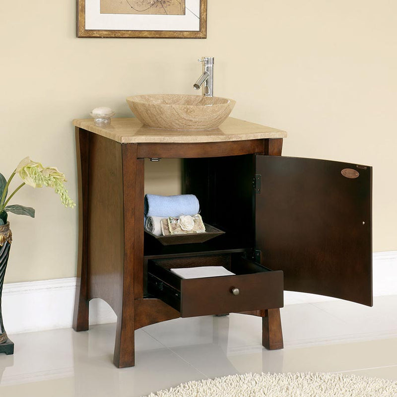 Silkroad Exclusive HYP-0714-T-TT-26 26" Red Chestnut vessel vanity, door and drawer open showing storage