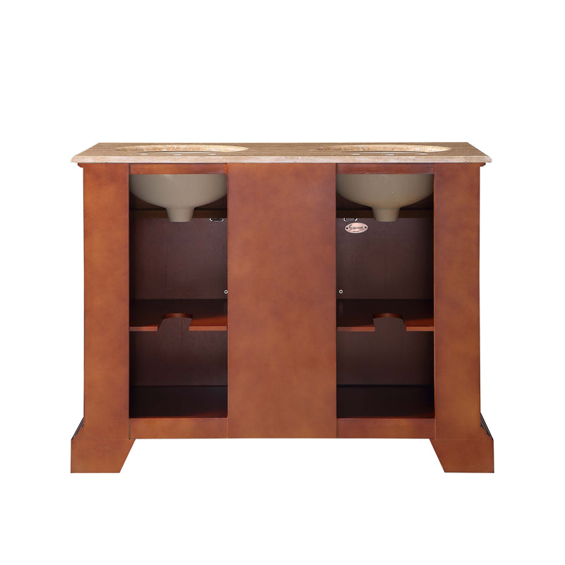 Silkroad Exclusive HYP-0716-T-UWC-48 48" Red Chestnut double vanity, back view showing the plumbing opening