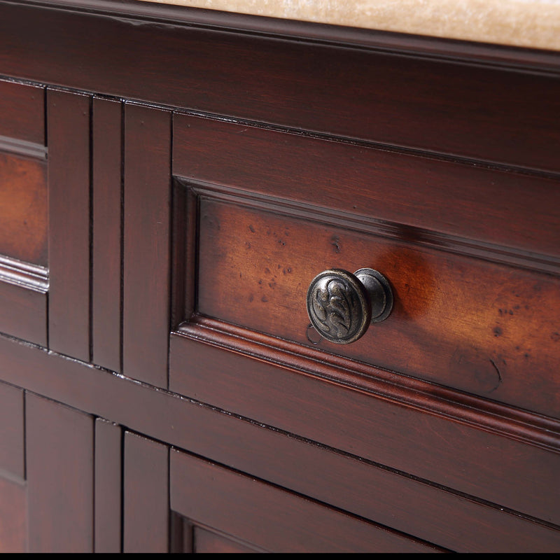 Silkroad Exclusive HYP-0716-T-UWC-48 48" Red Chestnut double vanity, close-up of a burl drawer front and knob