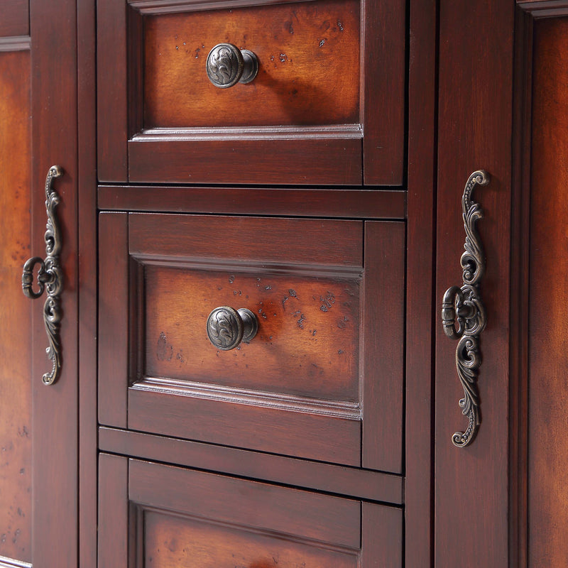 Silkroad Exclusive HYP-0716-T-UWC-48 48" Red Chestnut double vanity, close-up of burl drawer fronts and scrolled door pulls