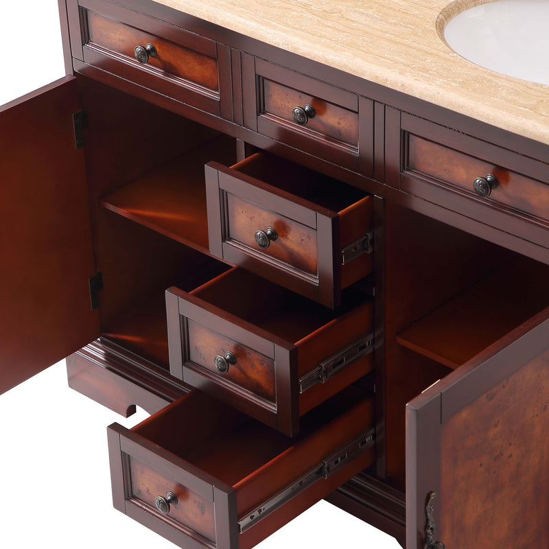 Silkroad Exclusive HYP-0716-T-UWC-48 48" Red Chestnut double vanity, close-up of the three open center drawers