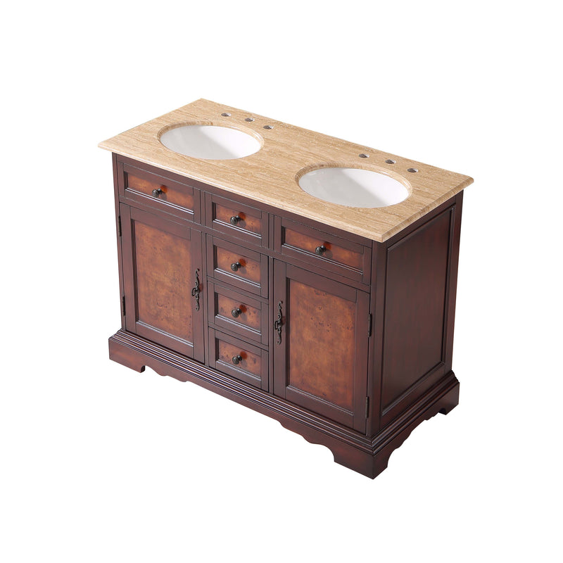 Silkroad Exclusive HYP-0716-T-UWC-48 48" Red Chestnut double vanity, raised view of the top and two white sinks