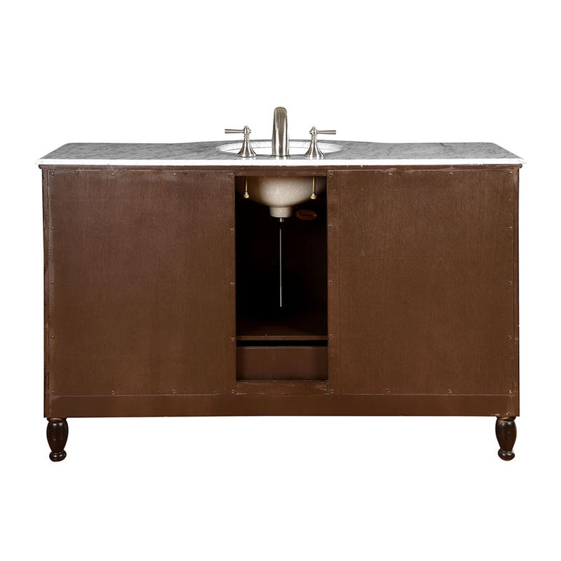 Silkroad Exclusive HYP-0717-WM-UWC-58 58" Dark Walnut single sink vanity, back view showing the open plumbing cut-out
