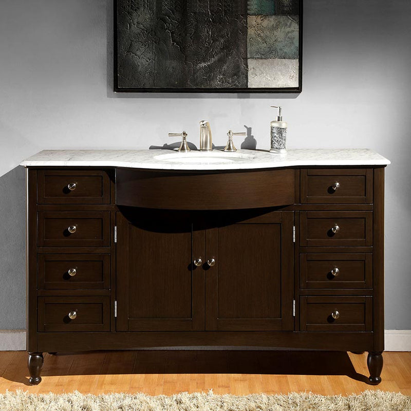 Silkroad Exclusive HYP-0717-WM-UWC-58 58" Dark Walnut single sink vanity, front view in a bathroom
