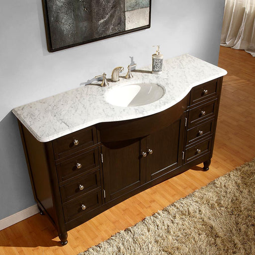 Silkroad Exclusive HYP-0717-WM-UWC-58 58" Dark Walnut single sink vanity, three-quarter view in a bathroom