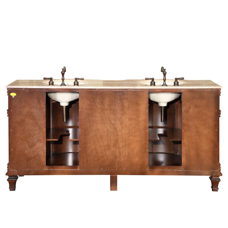 Silkroad Exclusive HYP-0722-T-UIC-72 72" Brazilian Rosewood double sink vanity, back view showing the open plumbing cut-out
