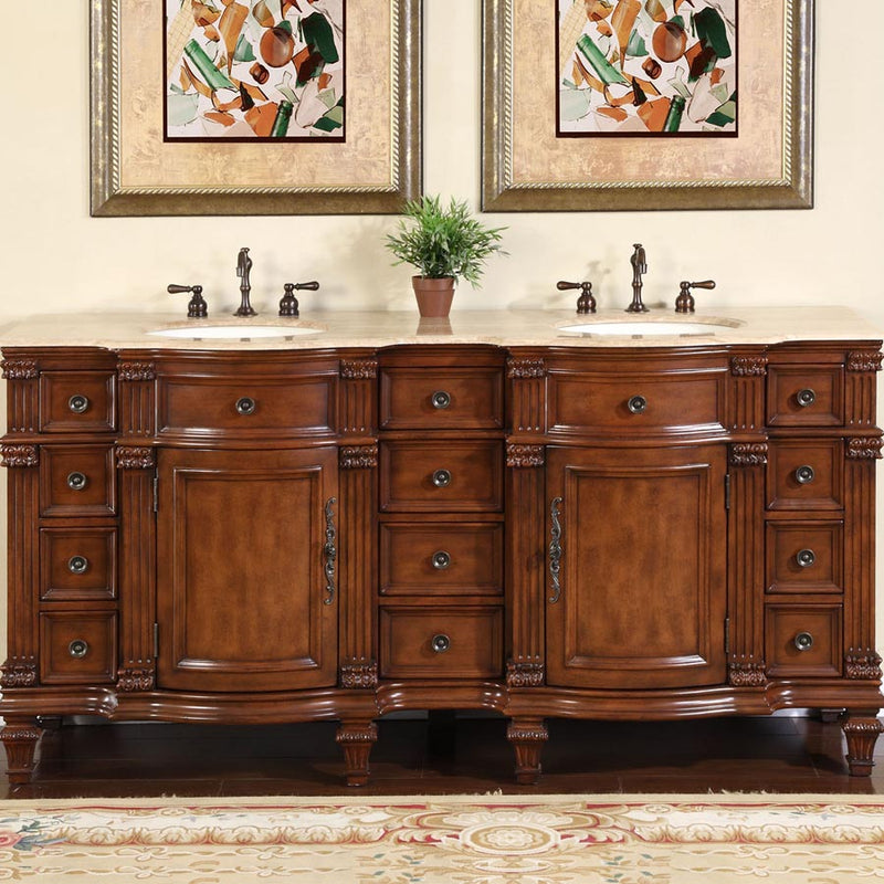 Silkroad Exclusive HYP-0722-T-UIC-72 72" Brazilian Rosewood double sink vanity, front view in a bathroom