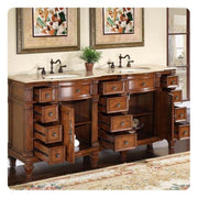 Silkroad Exclusive HYP-0722-T-UIC-72 72" Brazilian Rosewood double sink vanity, with doors and drawers open showing storage